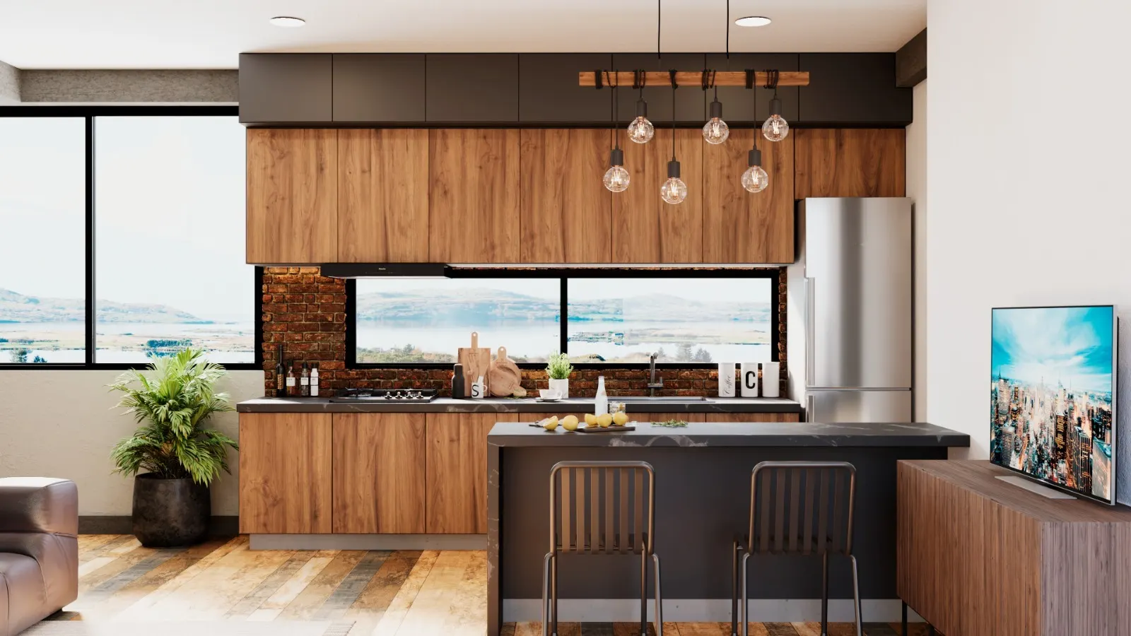 Render de la cocina de un departamento de Vintage II