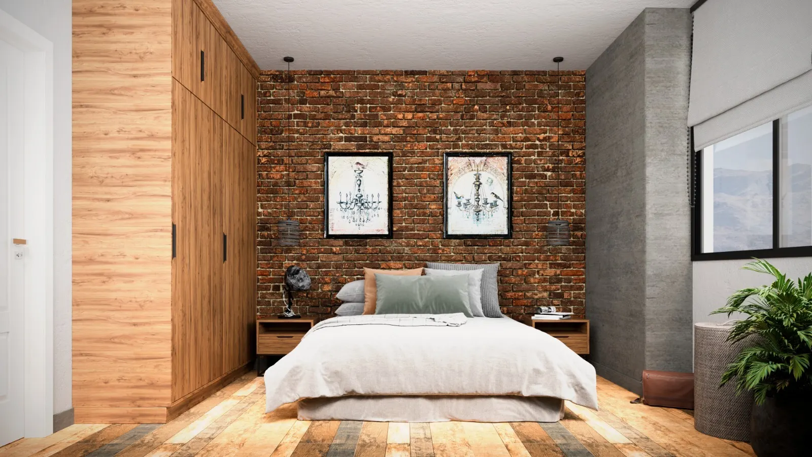 Render del dormitorio de un departamento de Vintage II