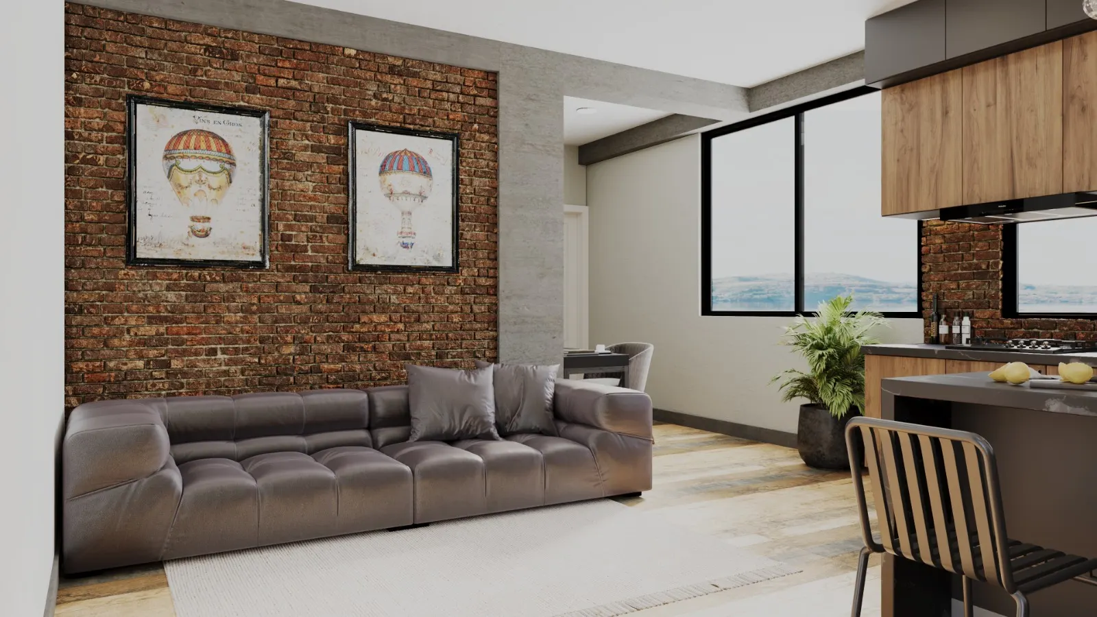 Render de la sala de un departamento de Vintage II