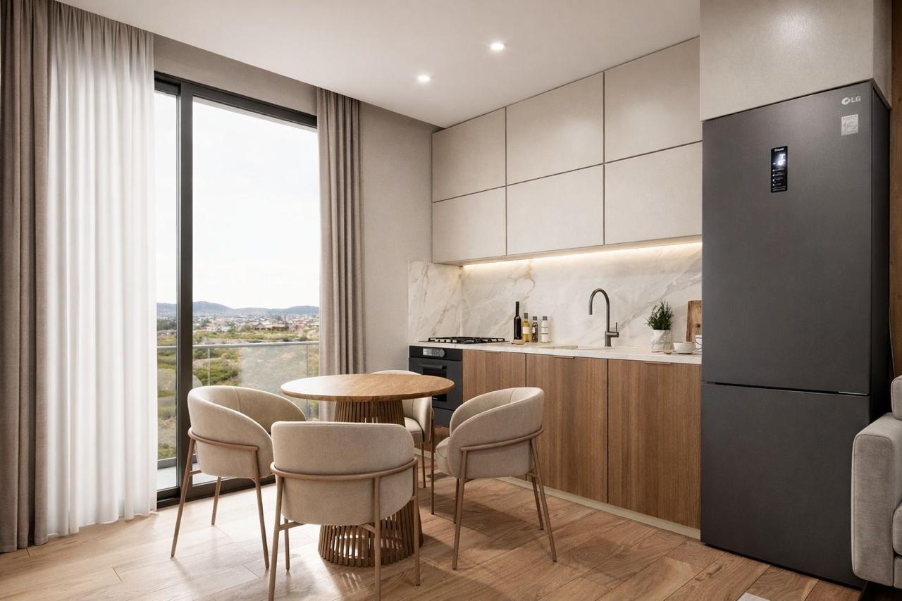 Cocina comedor de un departamento del edificio Zaha